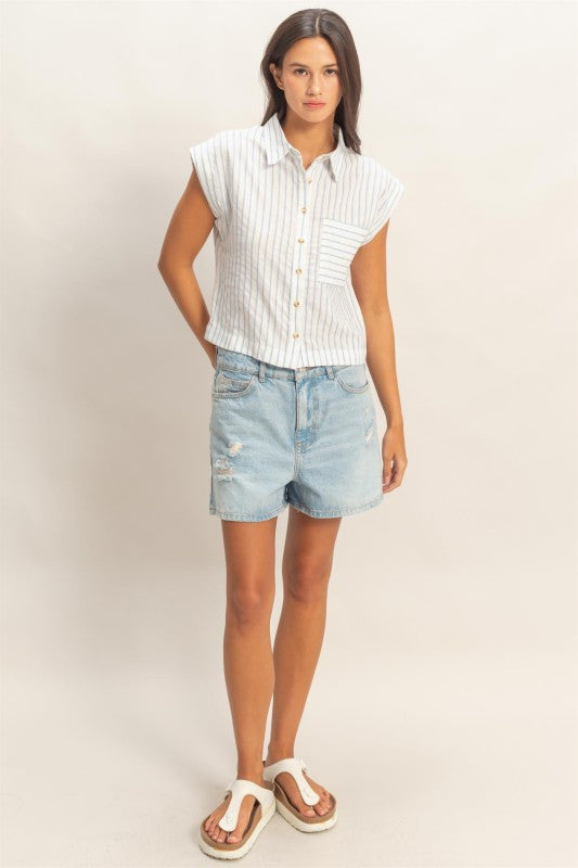 Barry Striped Button Up Top- Blue