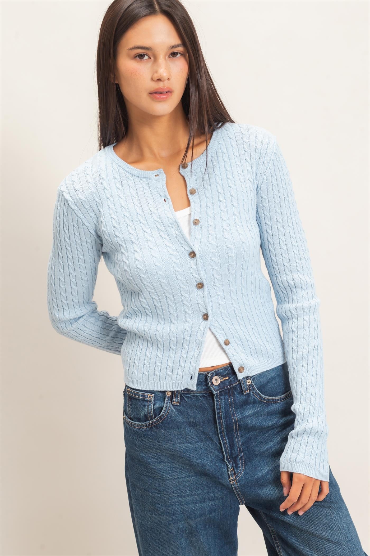 Cedar Cable Knit Cardigan- Ice Blue