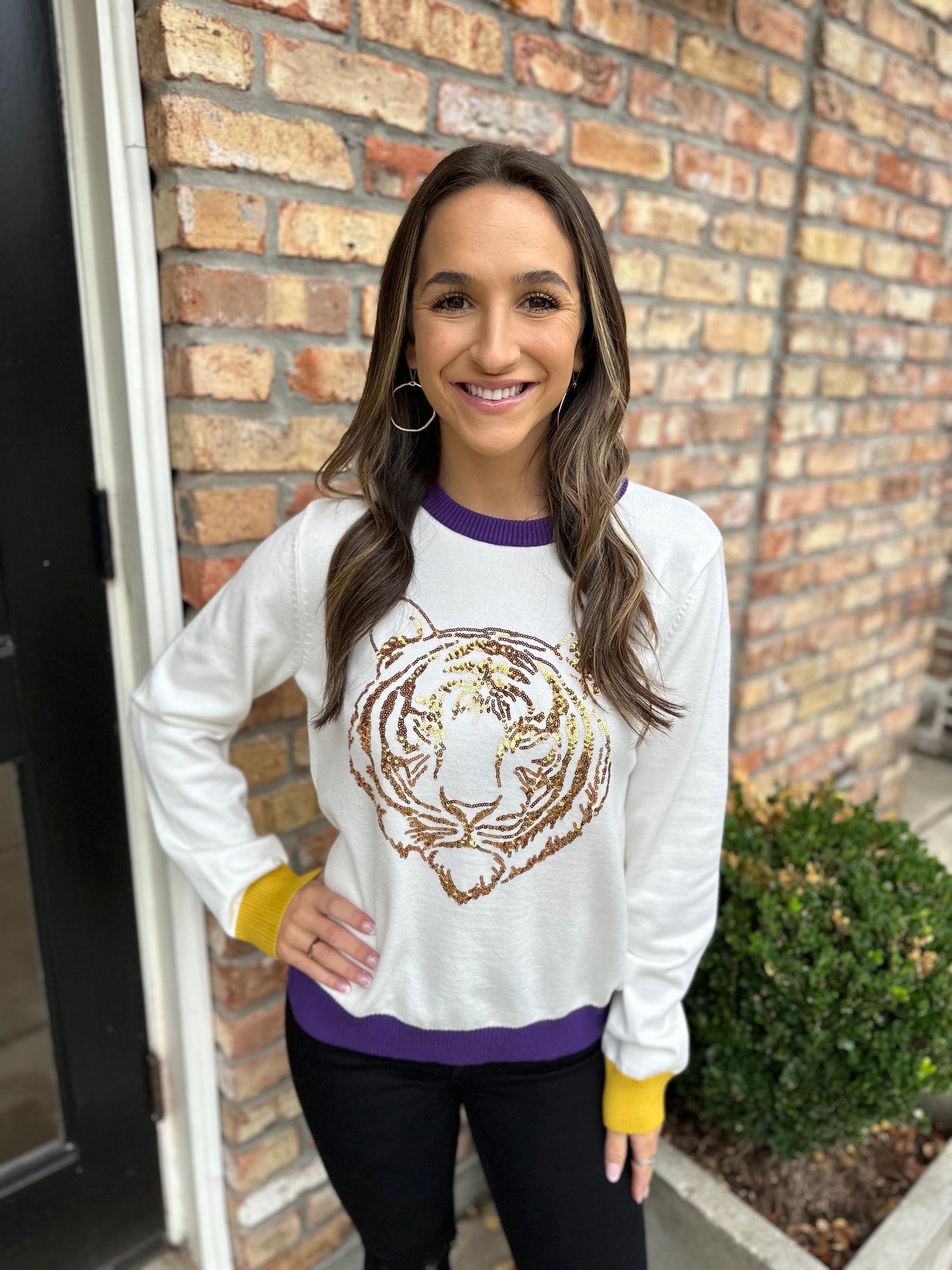 Tiger Head Long Sleeve Sweater- White