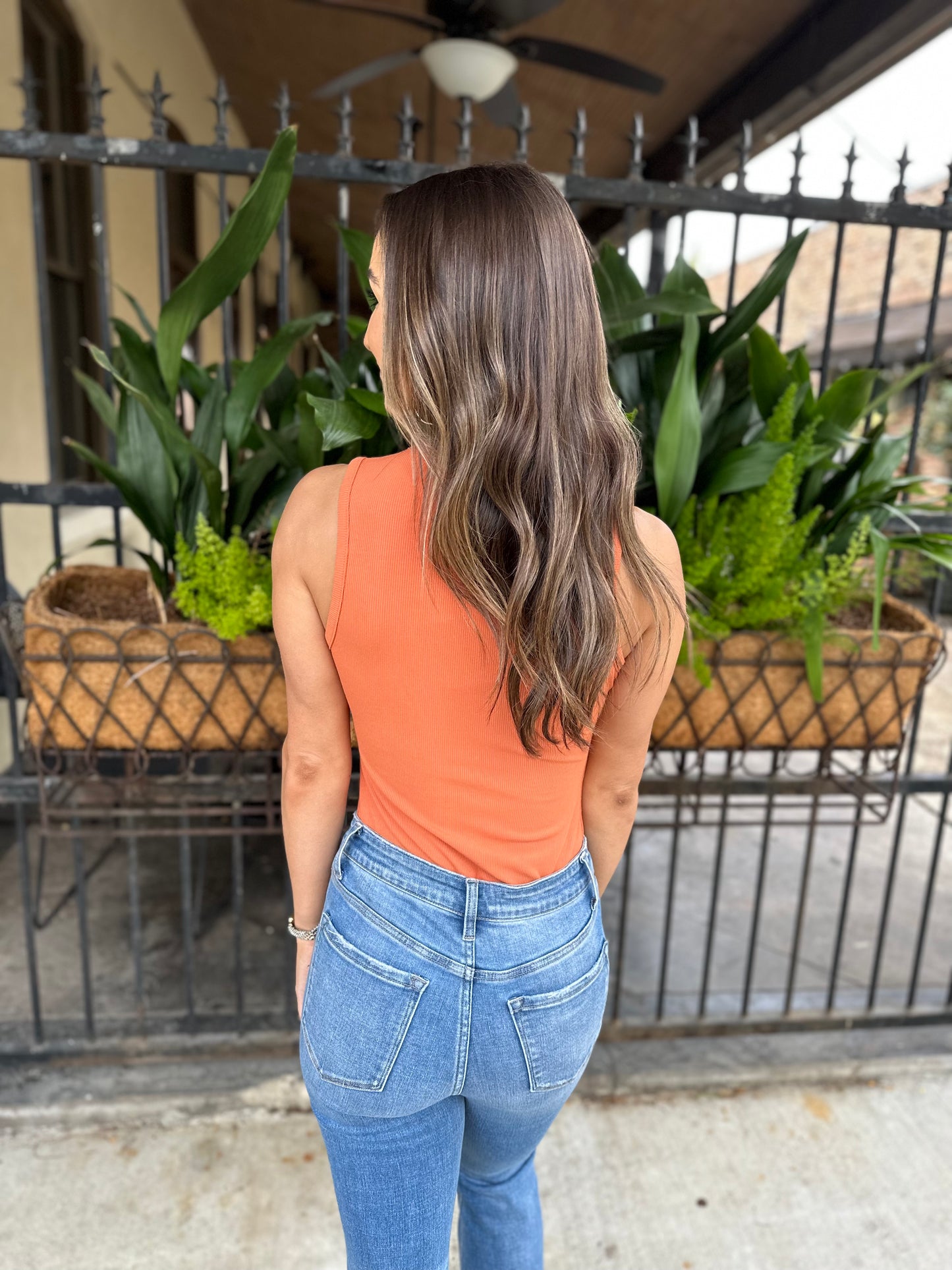Farrah Fitted Ribbed Bodysuit- Dusty Orange