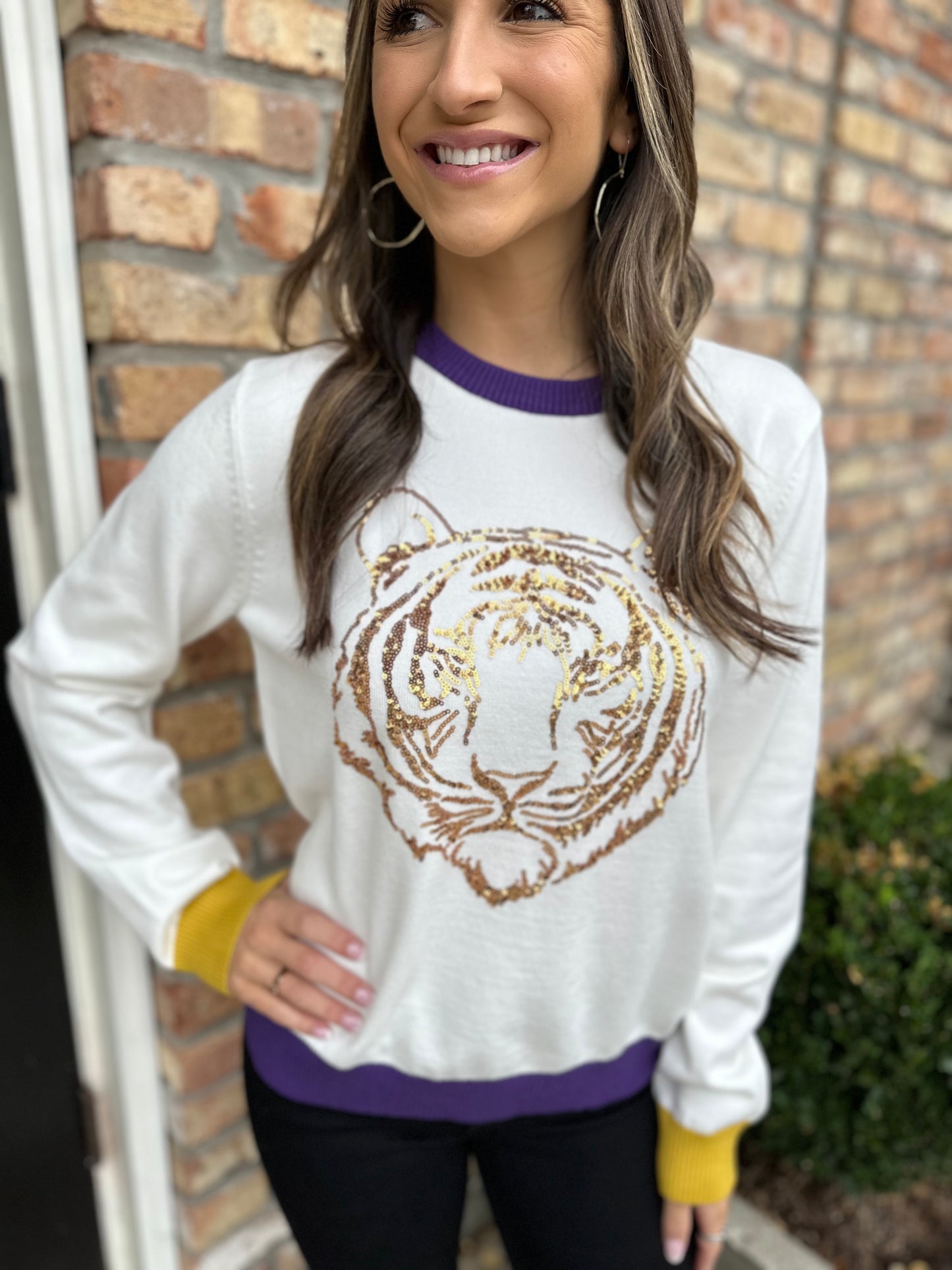 Tiger Head Long Sleeve Sweater- White