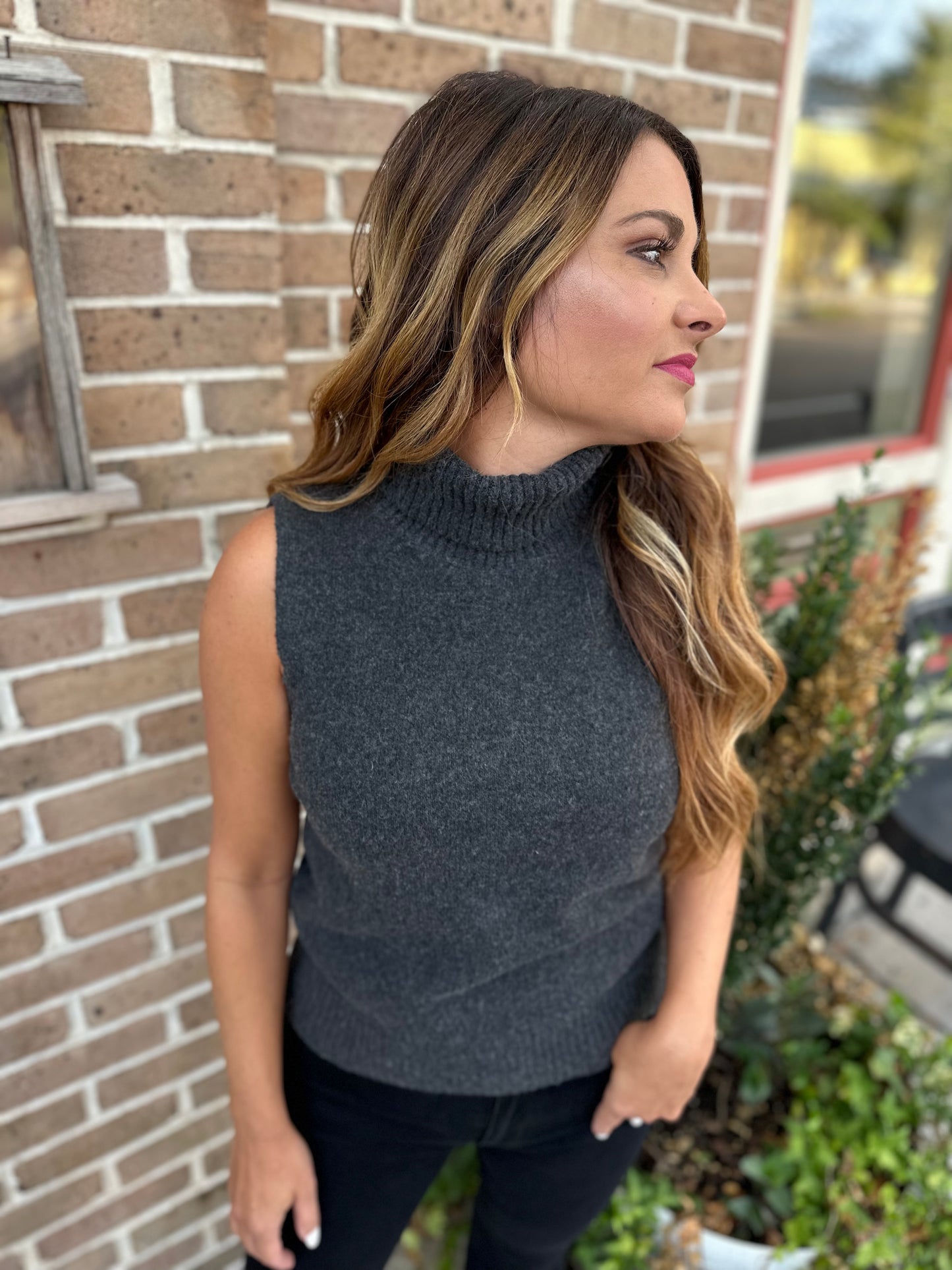 Jessica Turtleneck Sweater Tank-Charcoal