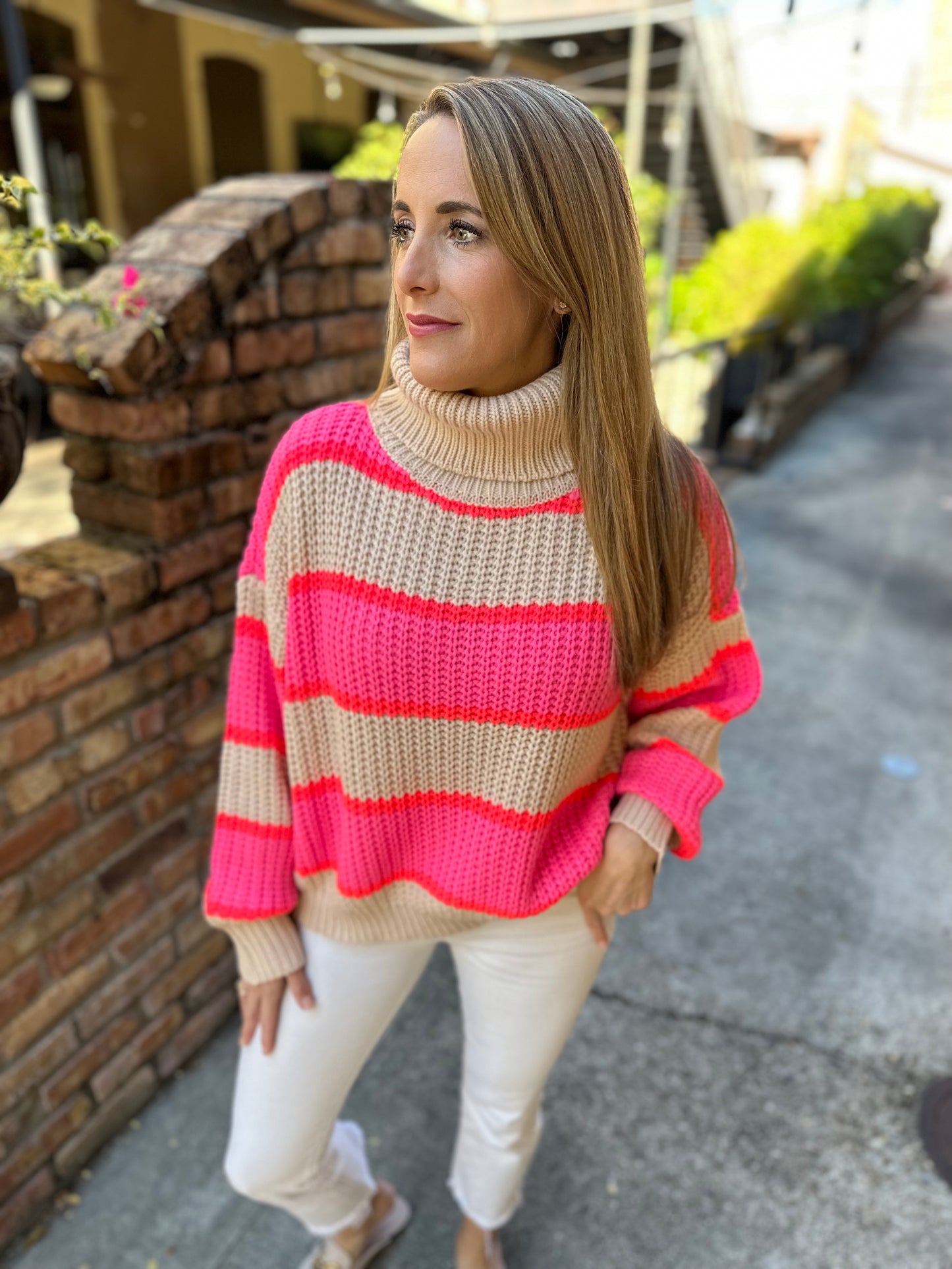 Colorblock Turtleneck Sweater-Pink/Taupe