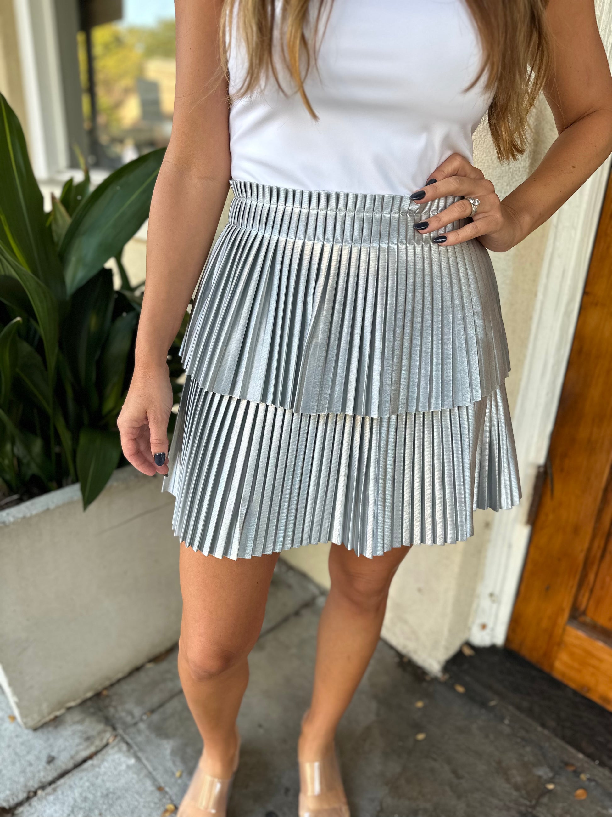 Shiny Pleated Mini Skirt-Silver