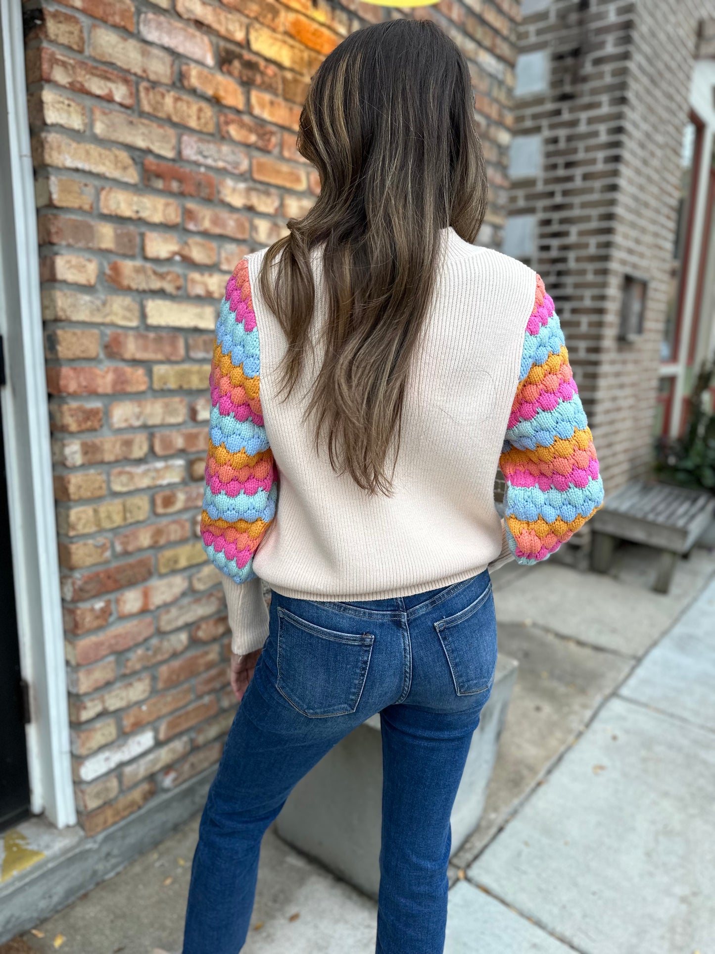 Ramiey Pattern Sleeve Sweater- Cream