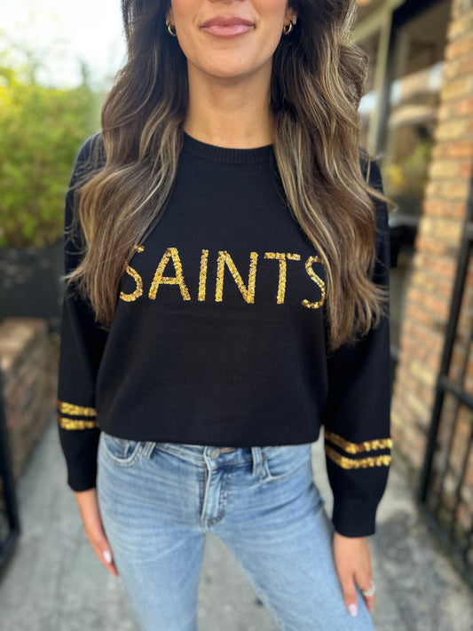 Saints Sequin Sweater Top- Black
