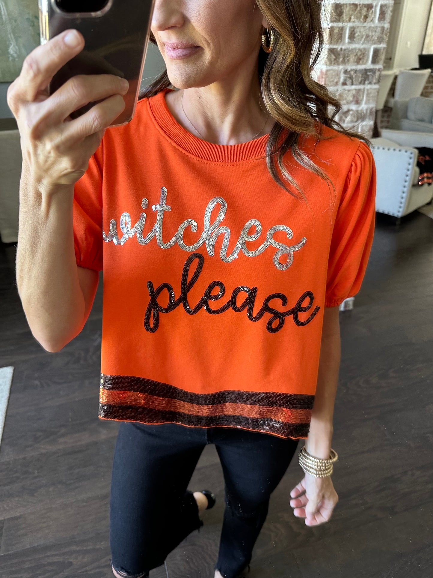Witches Please Sequin Top-Orange