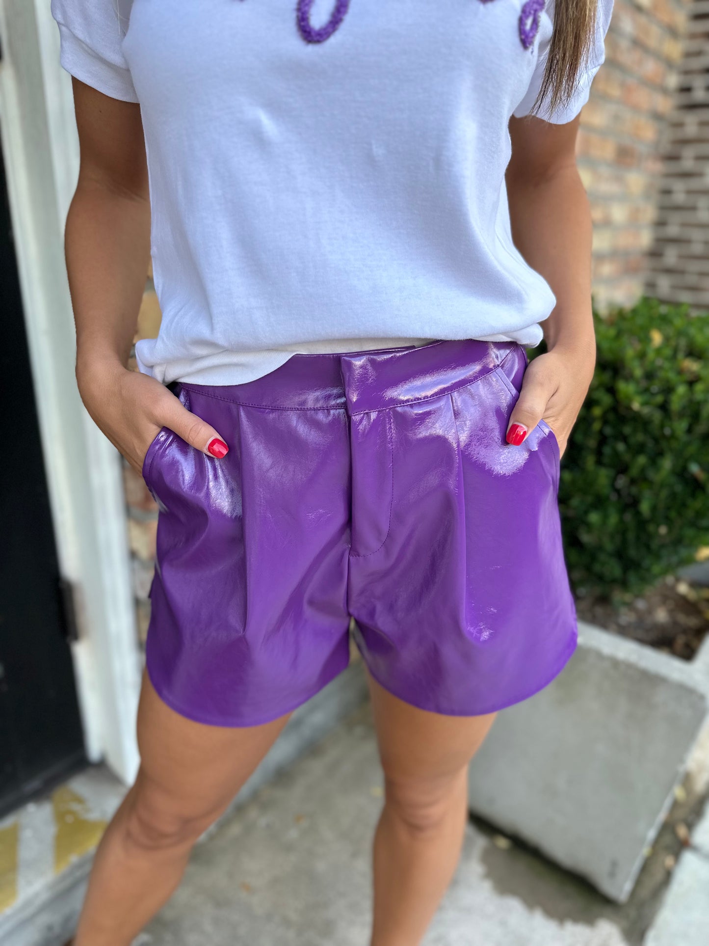 Shiny Faux Leather Shorts- Purple