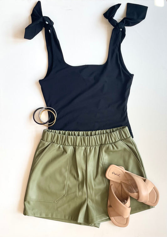 Record Faux Leather Shorts- Dusty Olive