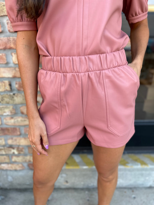Record Faux Leather Shorts- Rose