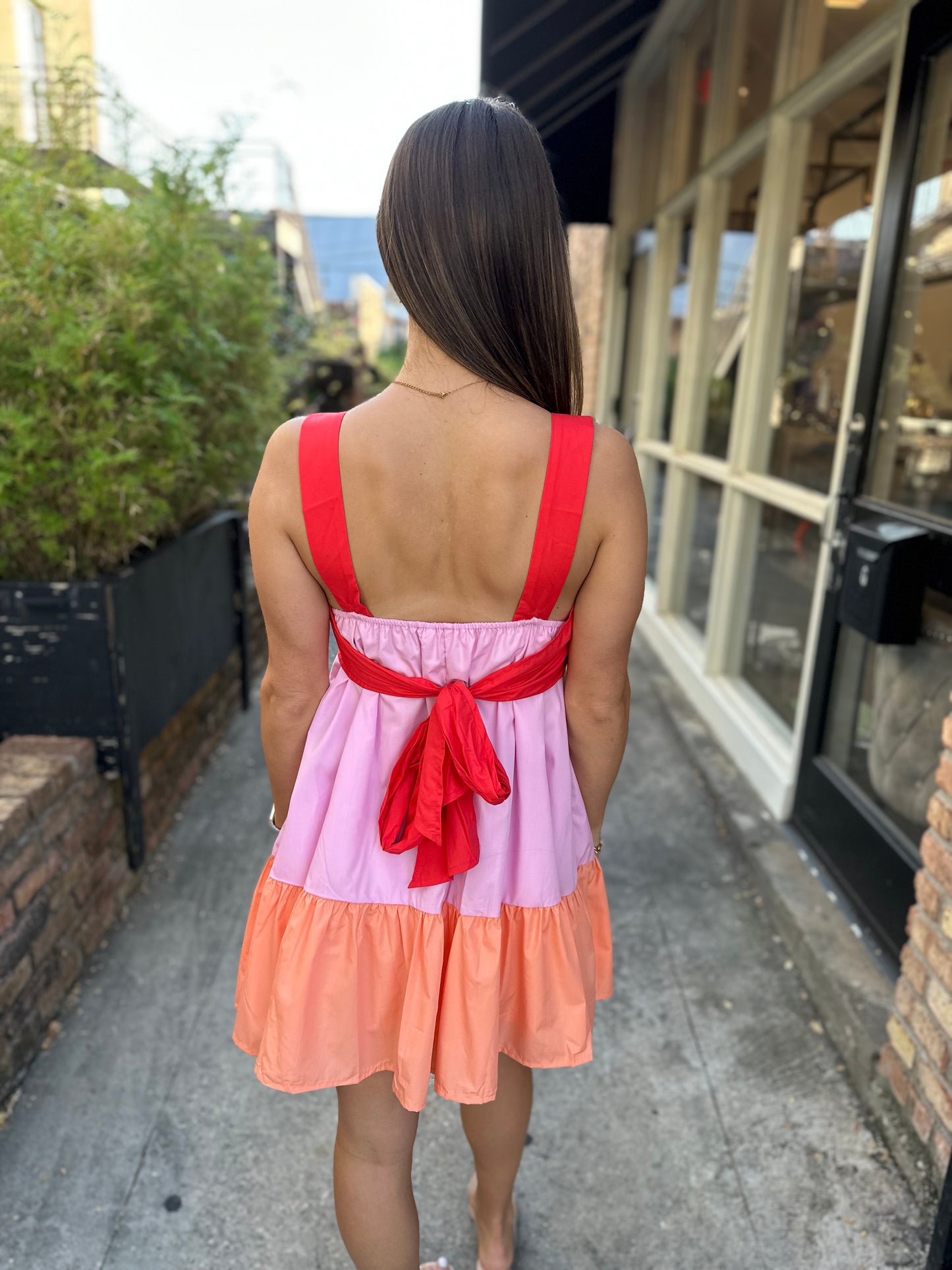 Colorblock Tiered Mini Dress- Red Combo