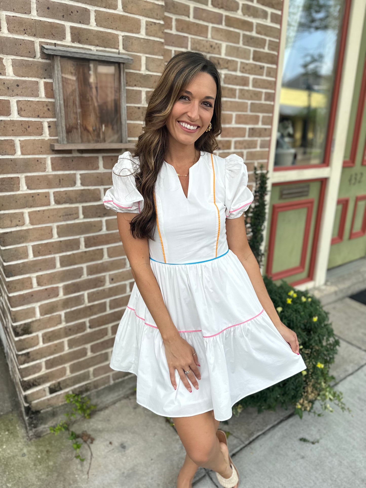 Piping Detailed Mini Dress- Ivory