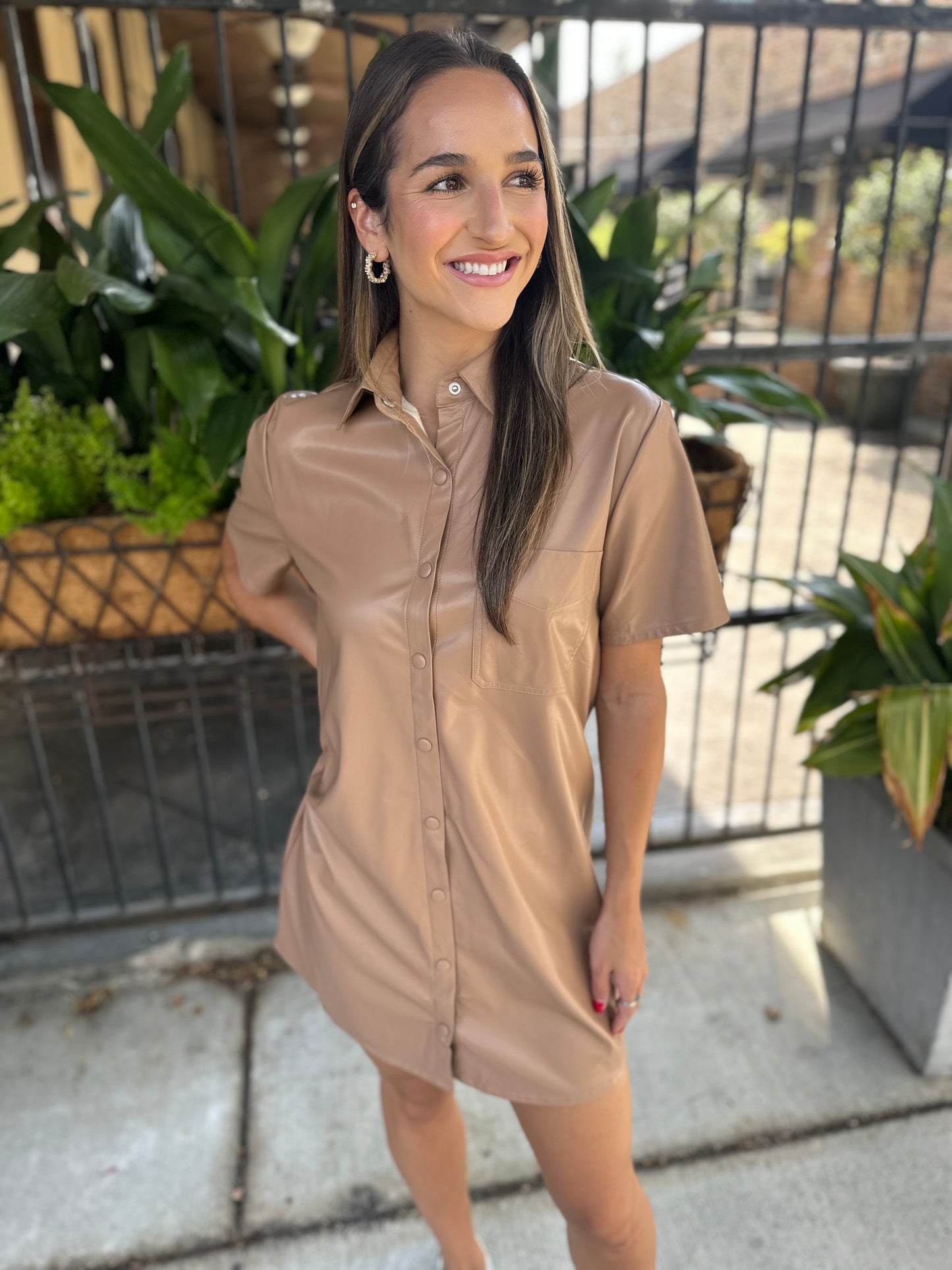 Erin Faux Leather Button Up Dress- Taupe