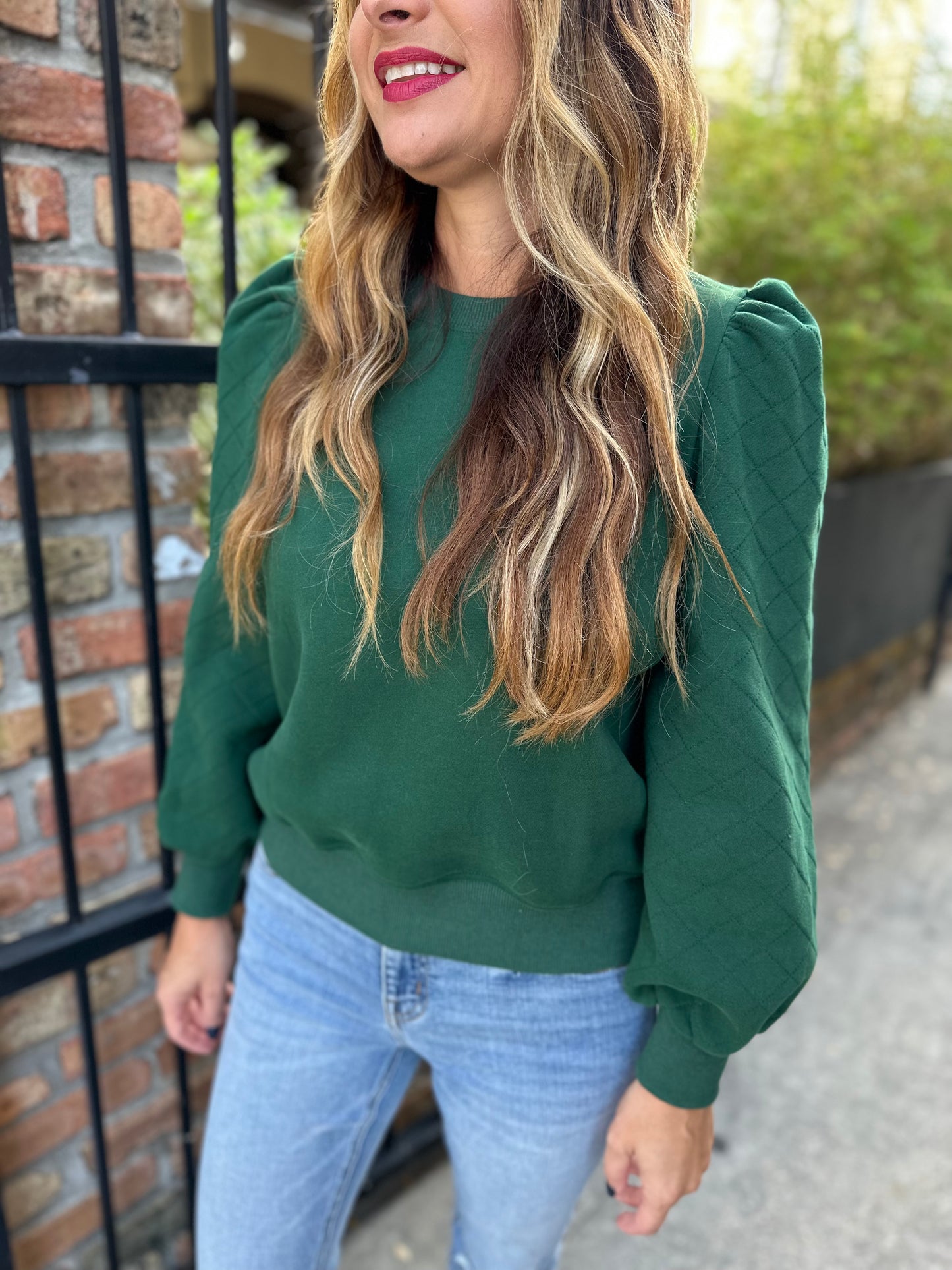 Quilted Sleeve Sweatshirt- Hunter Green