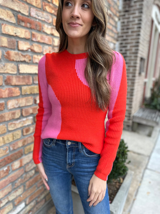 Asymmetrical Colorblock Sweater- Pink/Orange