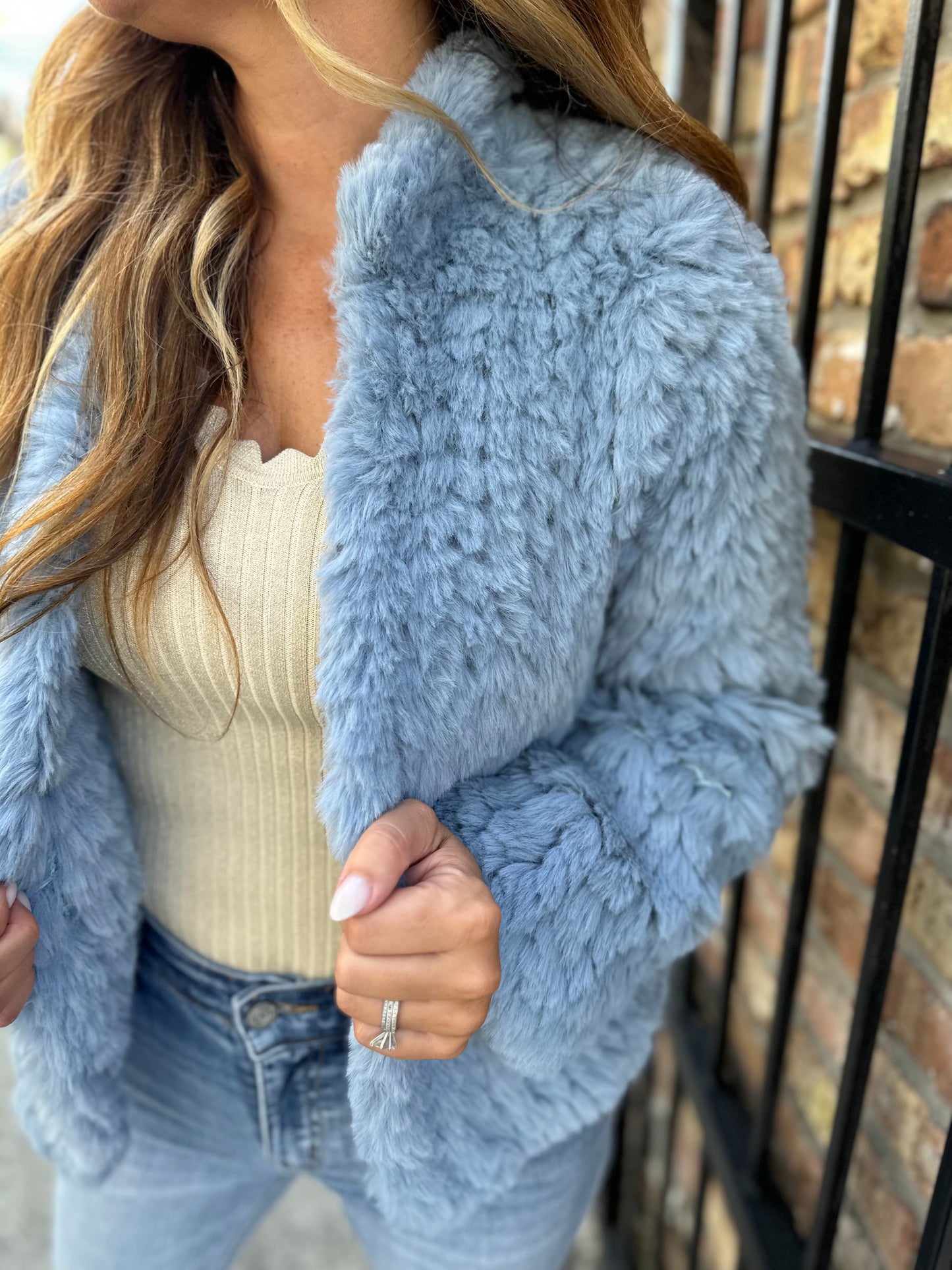 Aria Faux Rabbit Fur Jacket- Dusty Blue – Hazel Lane Boutique
