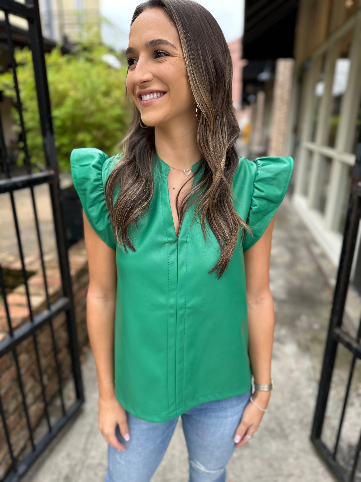 Kenzie Faux Leather Top- Green