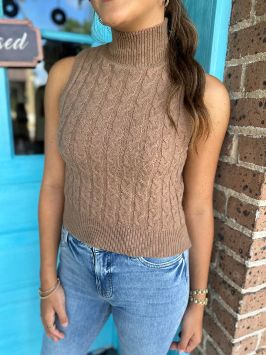 Cable Knit Sleeveless Sweater-Camel