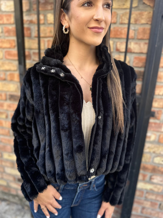 Kate Cropped Faux Fur Jacket- Black