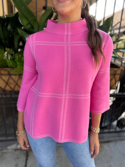 Checkered Knit Mock Neck Sweater- Pink