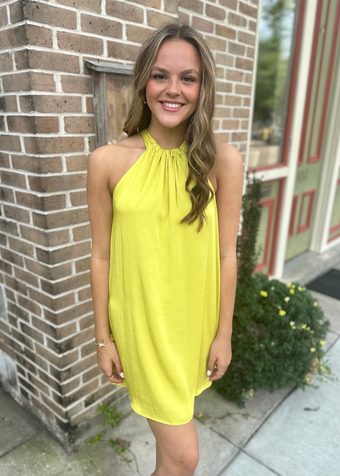 Ruched Shift Dress- Chartreuse