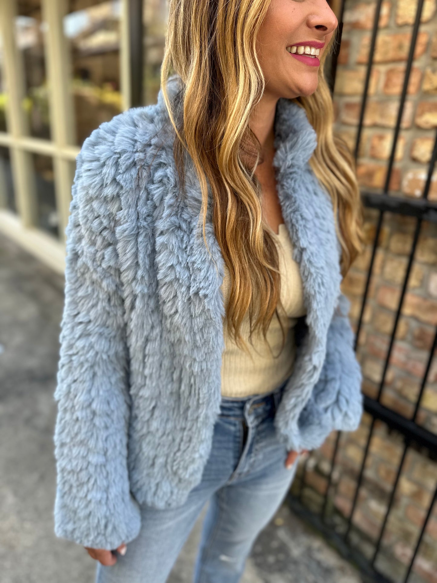 Aria Faux Rabbit Fur Jacket- Dusty Blue – Hazel Lane Boutique