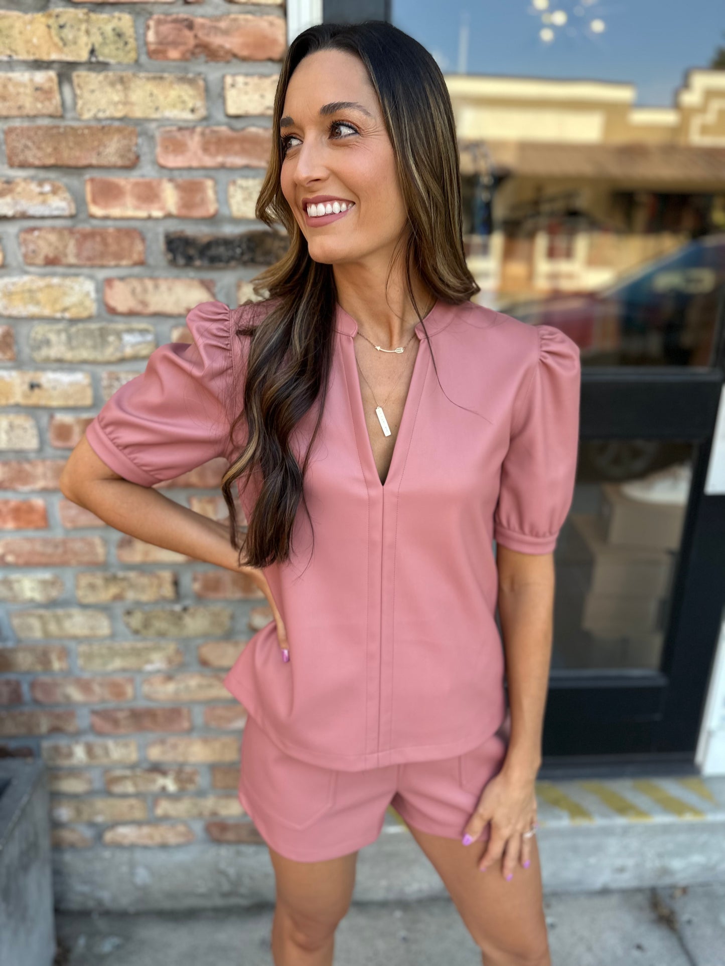 Jane Faux Leather Top- Rose