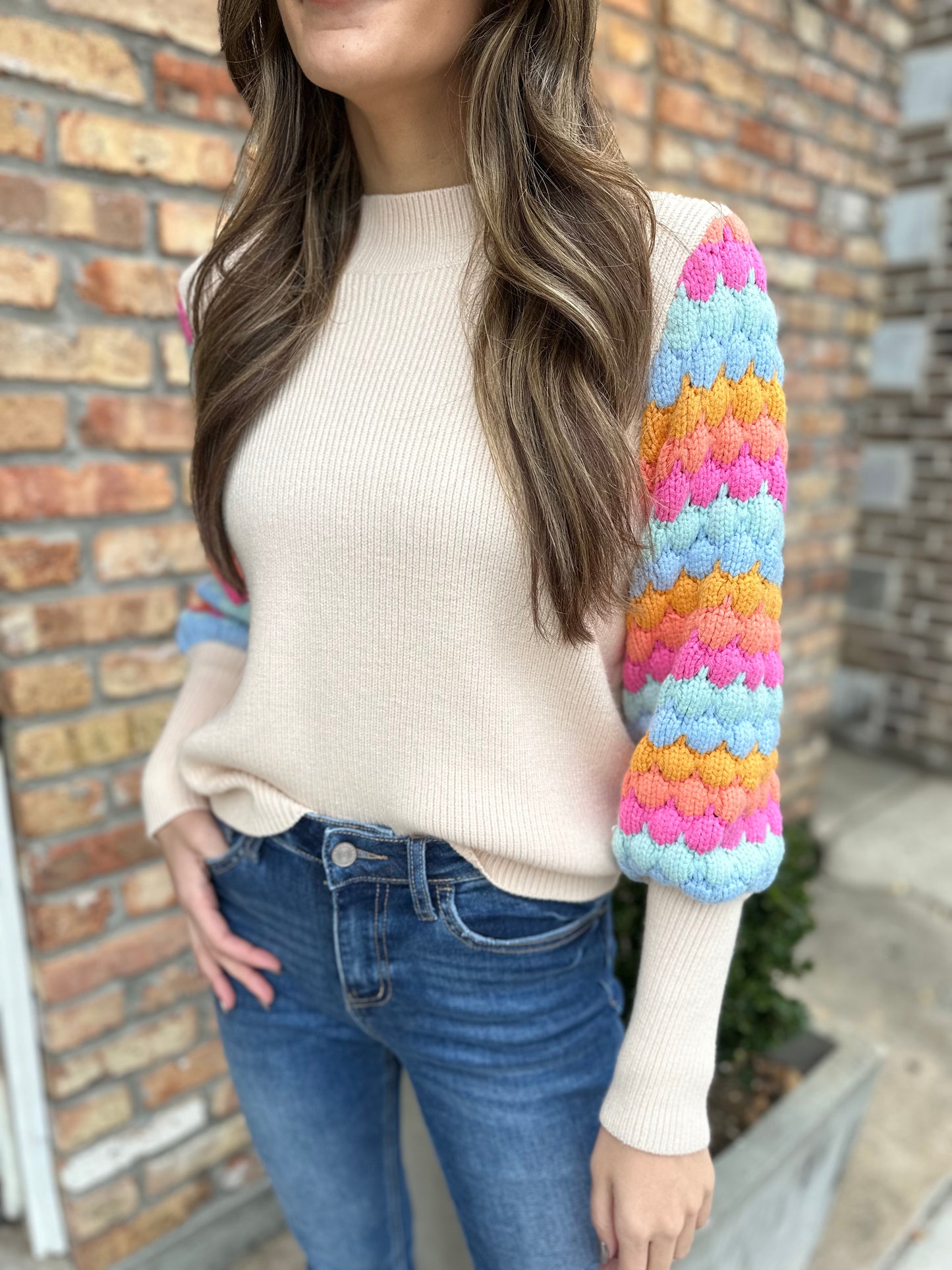 Ramiey Pattern Sleeve Sweater- Cream
