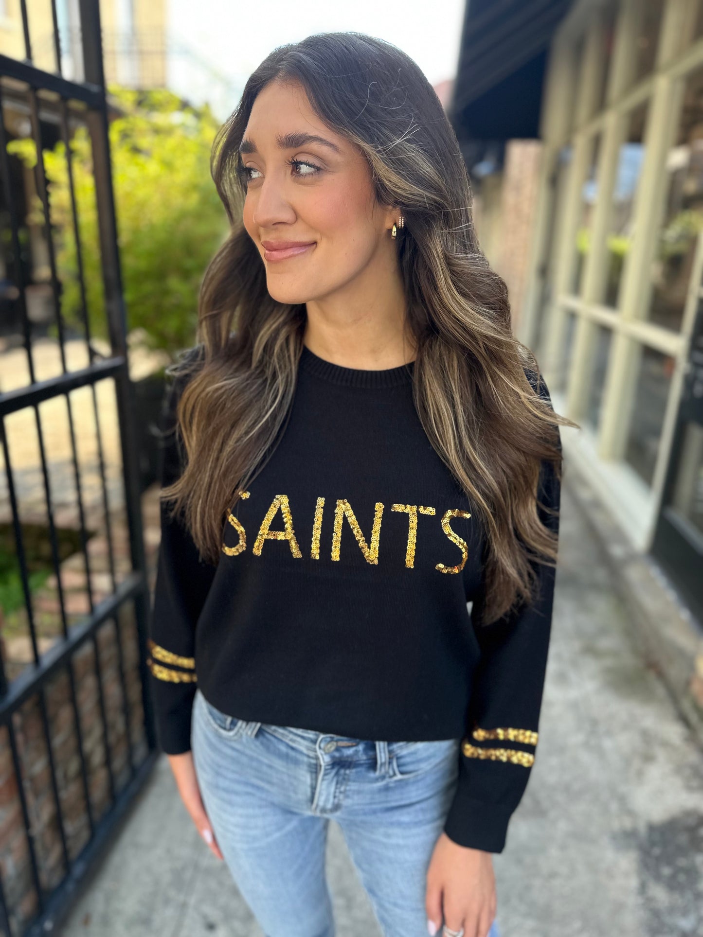 Saints Sequin Sweater Top- Black