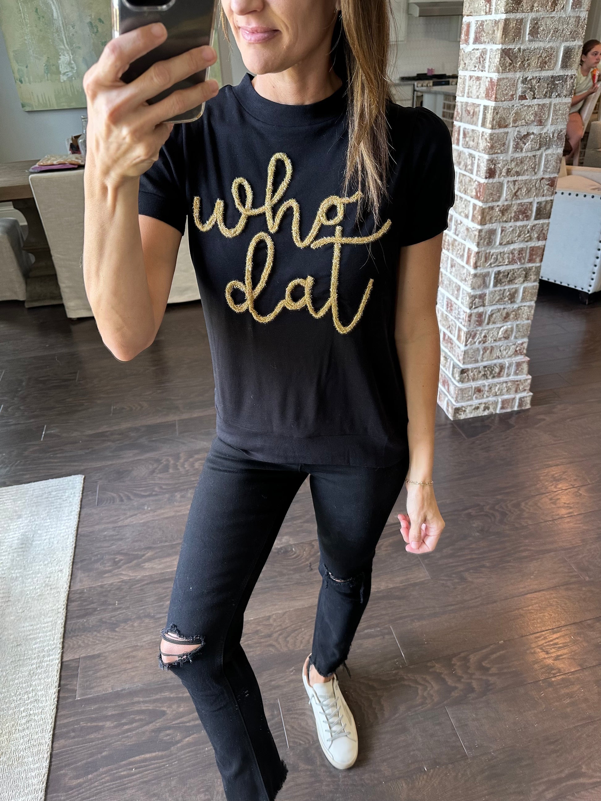 Lulu Grace Designs Who Dat Glitter Shirt: Football Fan Gear & Apparel S / Ladies V-Neck Tee