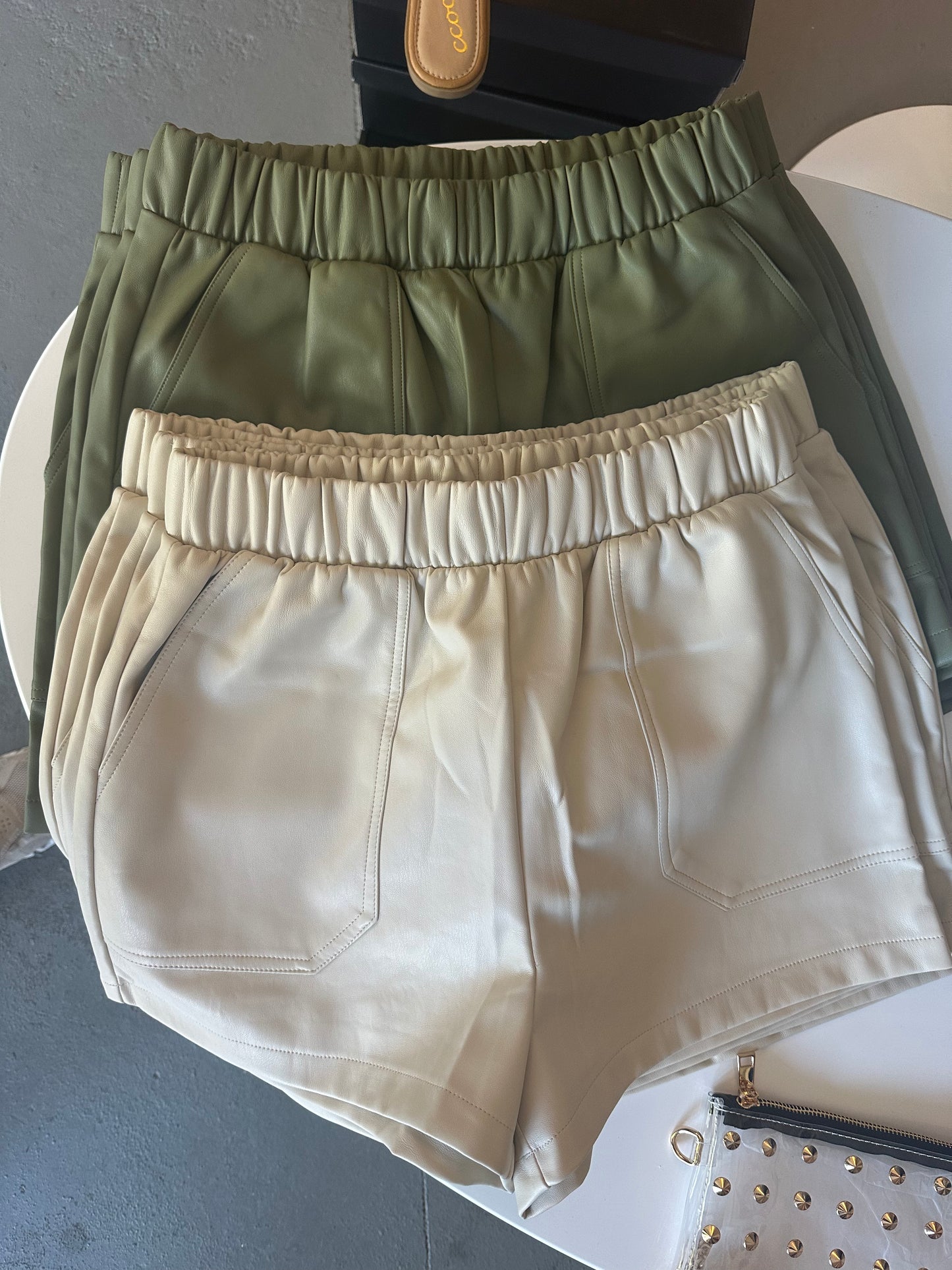 Record Faux Leather Shorts- Dusty Olive