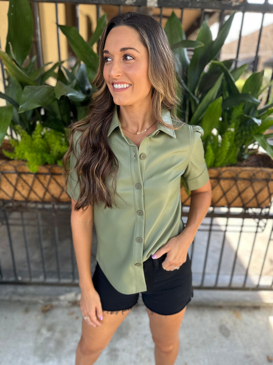 Virginia Faux Leather Top- Dusty Olive