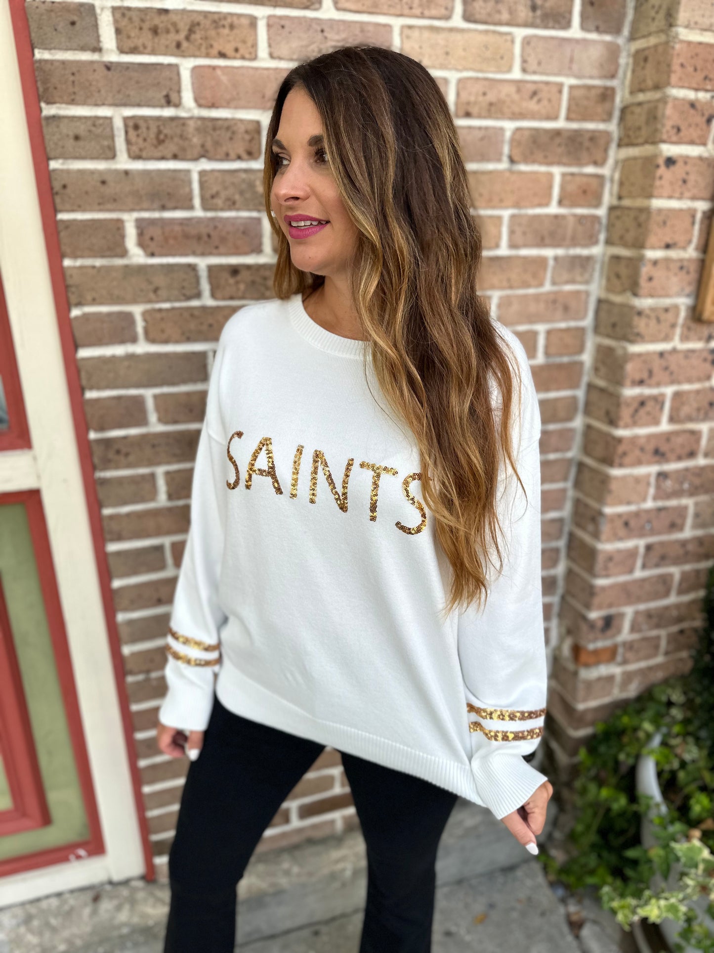 Saints Sequin Sweater Top- White