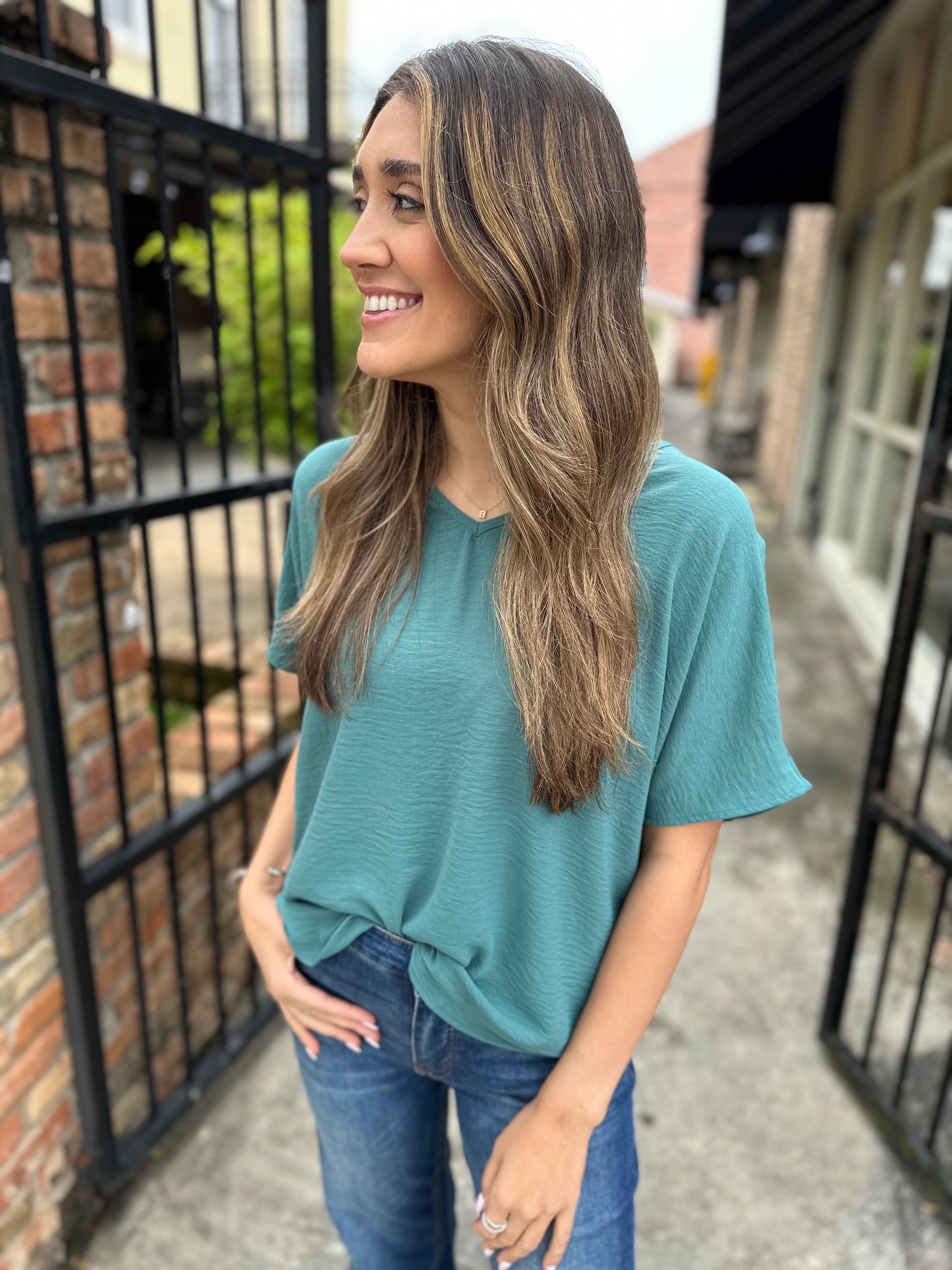 Flowy V Blouse- Forest Green