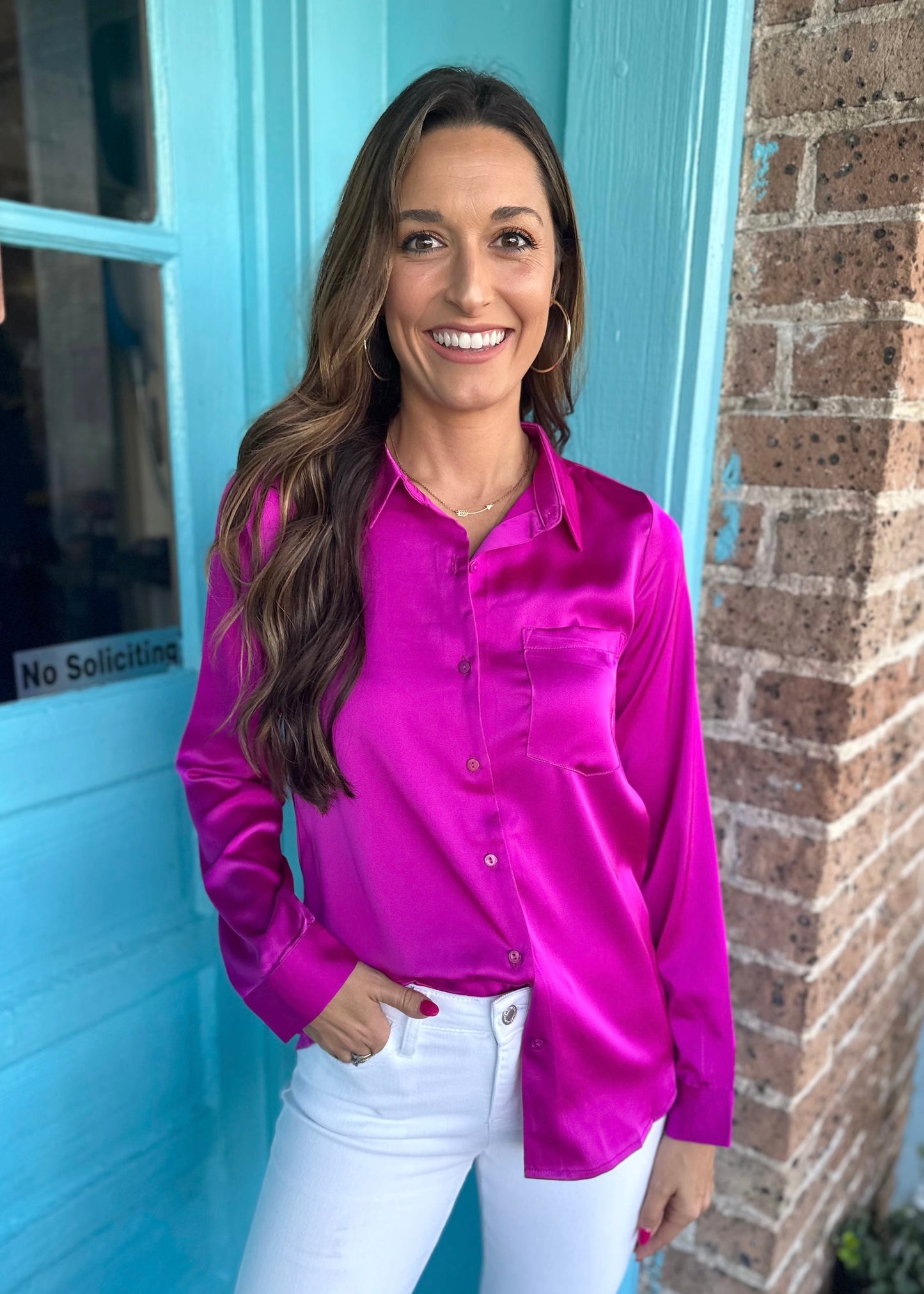 Angela Satin Button Down Blouse- Orchid