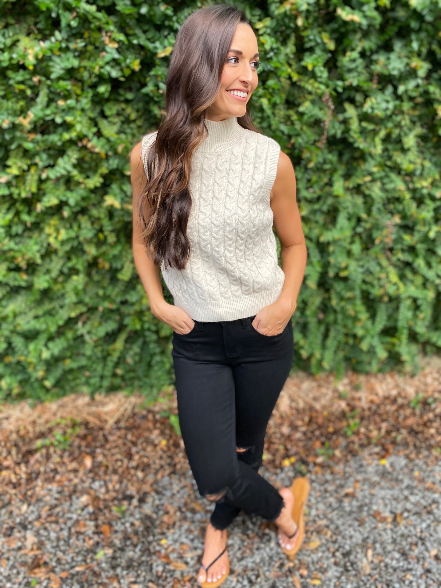 Cable Knit Sleeveless Sweater-Natural