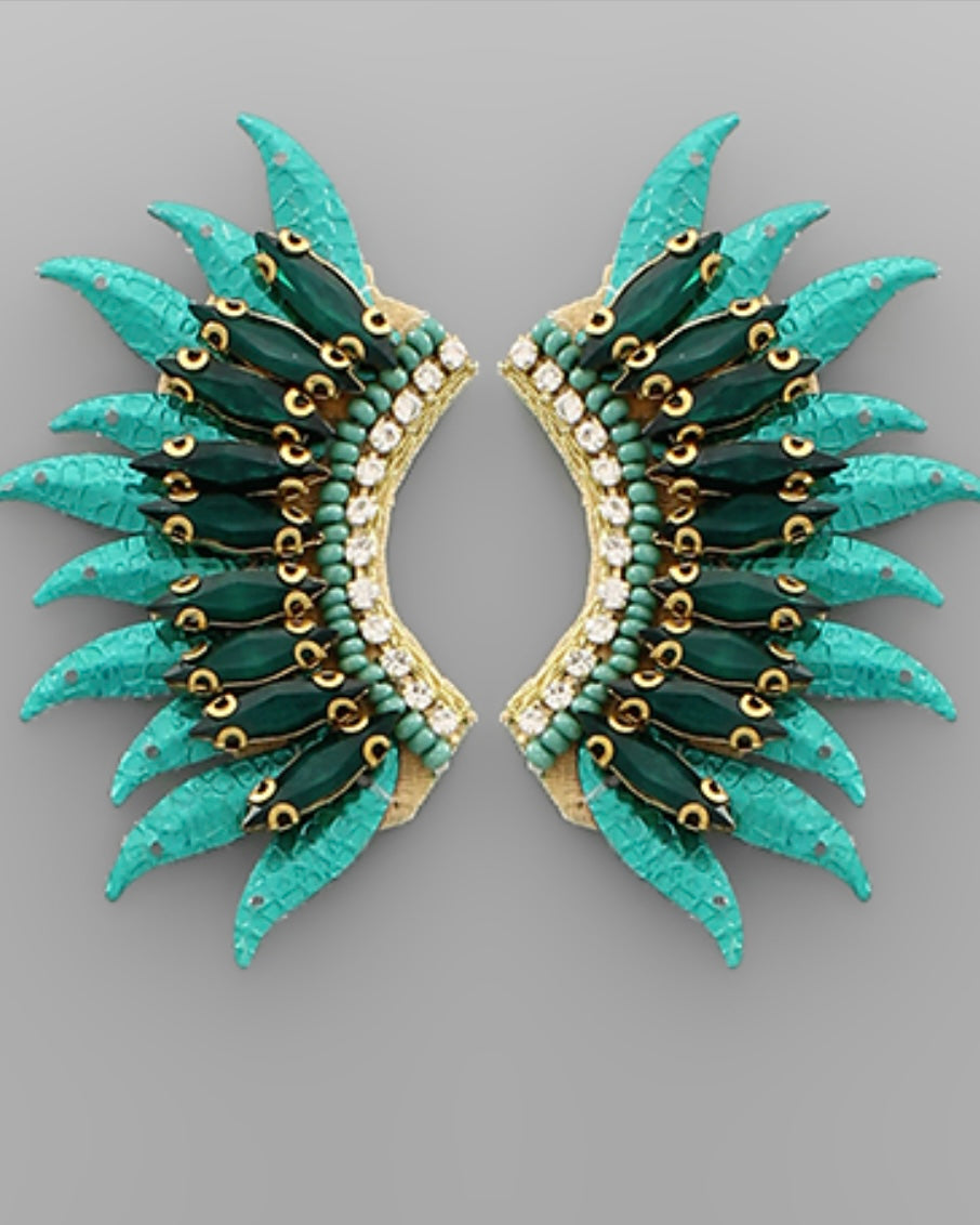 Sequin & Glass Wing Earrings- Green