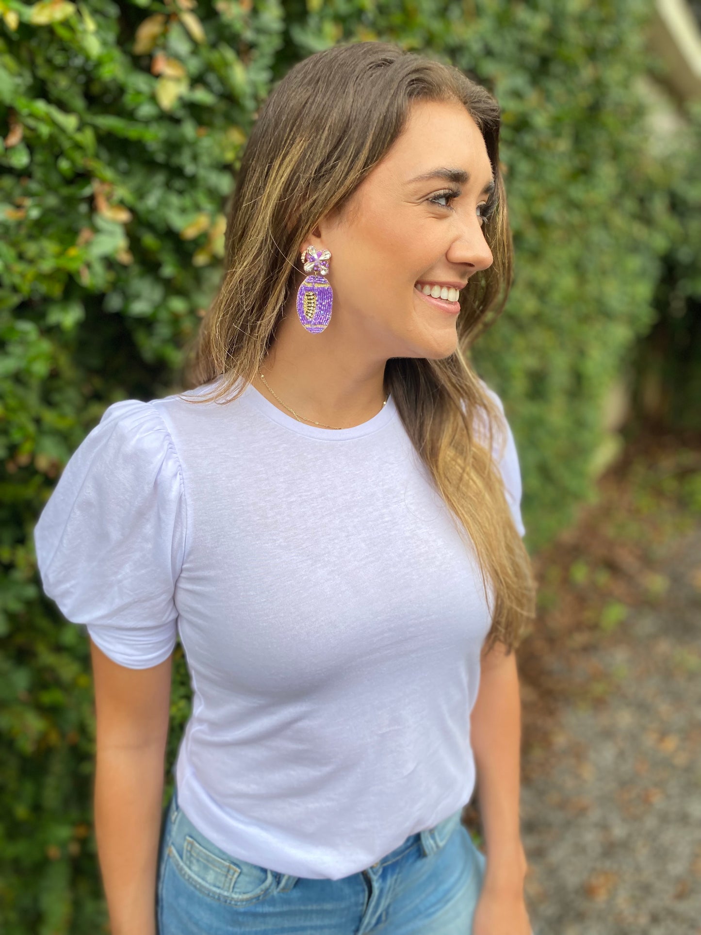 Beaded Football Earrings- Purple
