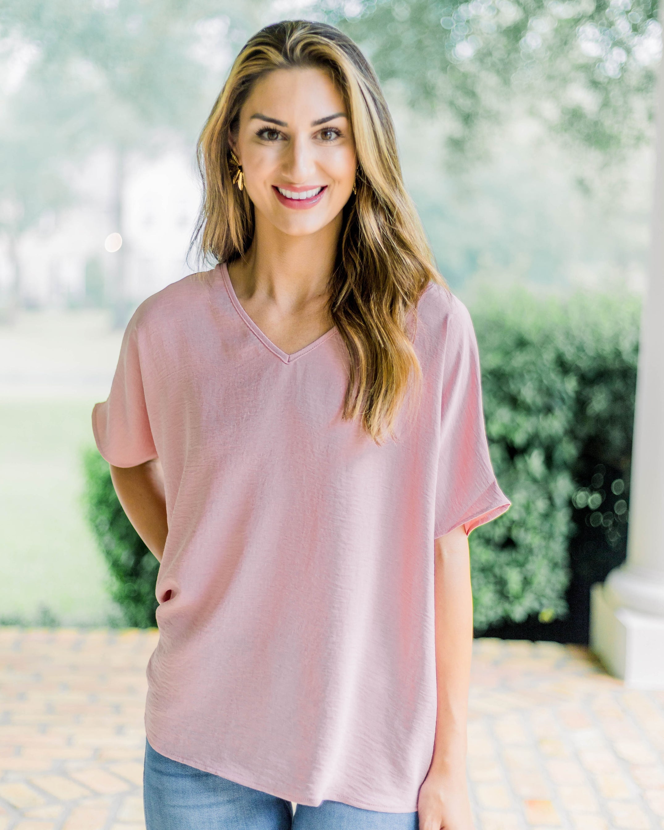 Flowy V Blouse-Baby Pink