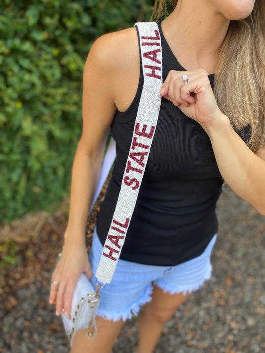Treasure Jewels: Gameday White & Cardinal Red Beaded Purse Strap, Os - The Mint Julep Boutique | Women's Boutique Clothing