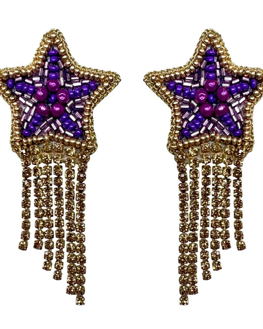 Star Rhinestone Fringe Earrings- Purple