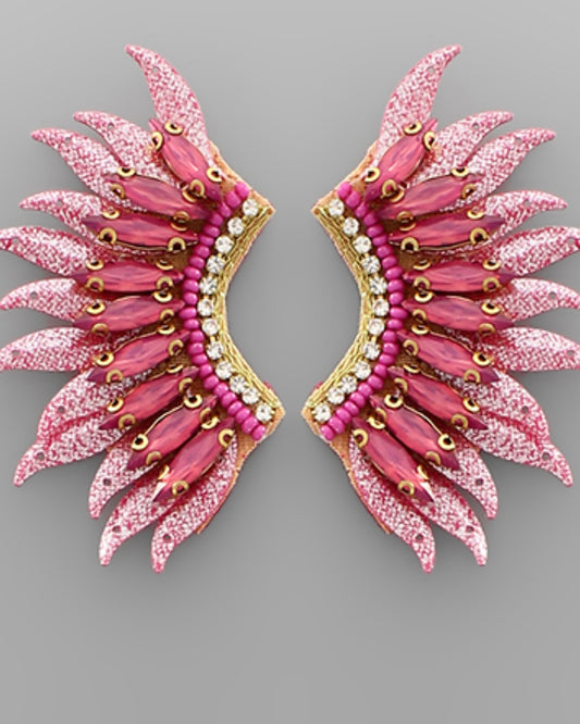 Sequin & Glass Wing Earrings- Fuchsia