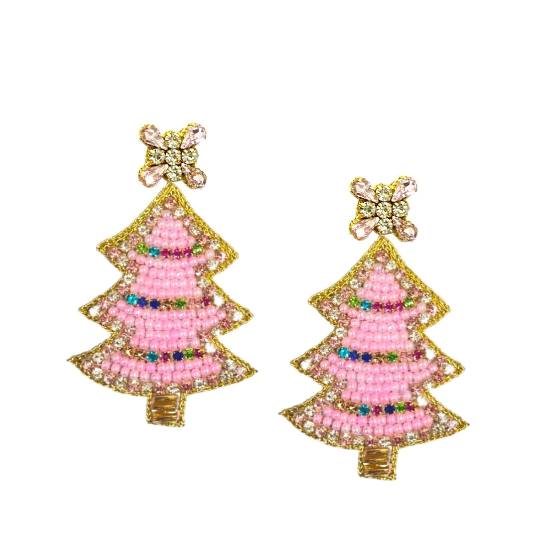 Christmas Sparkle Tree Earrings- Pink