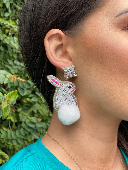 Rhinestone & Bunny Tail Earrings