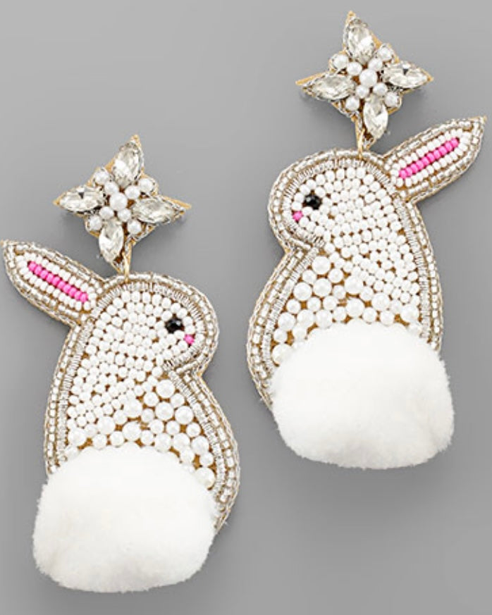 Rhinestone & Bunny Tail Earrings